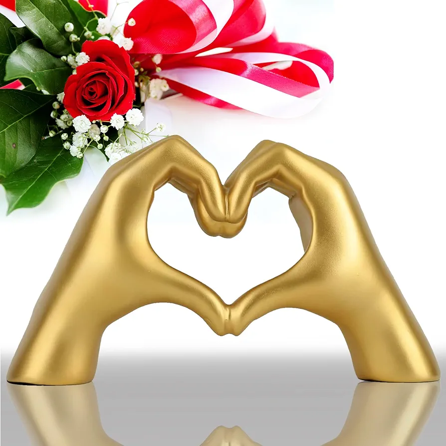 Heart Hands Gold Decor,Love Hand Statue - Heart Shape Finger Statues for Preppy, Modern & Aesthetic & Wedding Room Decor, Living Room, Bedroom, Desk, Shelf, or Table Decoration (Gold)