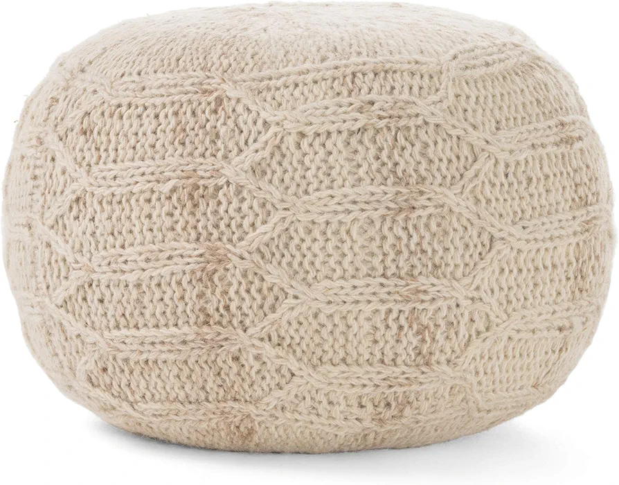 GDFStudio Handwoven 100% Wool Pouf Ottoman Foot Stool - Bean Bag Floor Chair - Foot Rest Couch for Living Room Bedroom (Ivory)