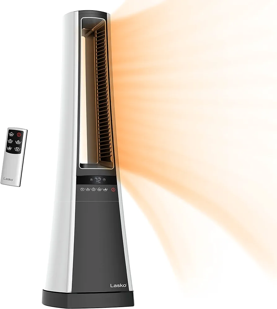 Lasko Oscillating Bladeless Ceramic Tower Space Heater for Home with Enhanced Safety, Adjustable Thermostat, Filter, Timer and Remote Control, 27 Inches, Silver, 1500W, AW300