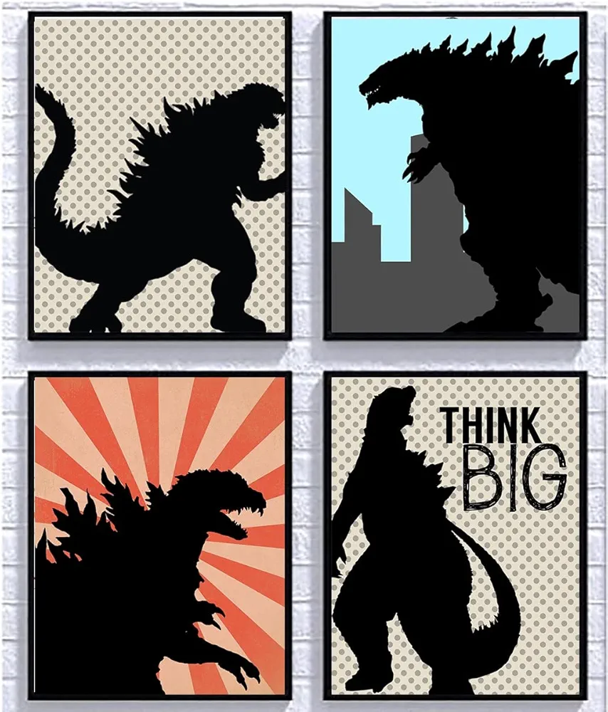 Grey Monster Dragon Comic Type Themed Room Wall Art Print Decor Sign Poster Picture Set