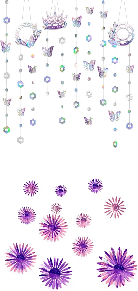 Cheerland Purple Party Decorations Iridescent Butterfly Garland and Flower Wall Sticker Room Decal for Lavender Party Decorations Supplies