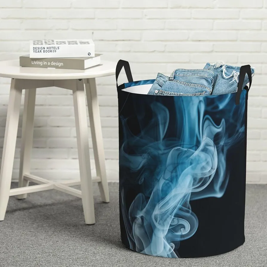 Laundry Basket Waterproof Laundry Hamper With Handles Dirty Clothes Organizer Blue And White Smoke Print Protable Foldable Storage Bin Bag For Living Room Bedroom Playroom, Small, Black