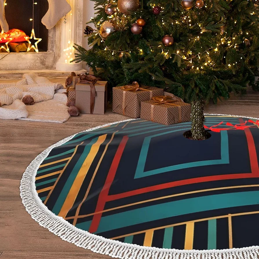 Christmas Tree Skirt with Tassel Abstract Geometric Striped 48" Xmas Tree Skirts Tassel Tree Mat Ornament for Home Indoor Outdoor Room Holiday Decoration