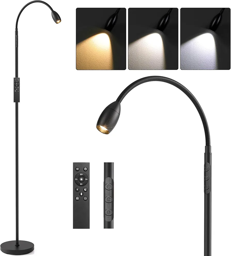 Reading Floor Lamp, 72" Tall LED Lamp with Flexible Gooseneck, Dimmable Zoomable Spotlight, Adjustable Color Beam Standing Lamp, Touch & Remote Control, Task Craft Bedroom Living Room, Matte Black