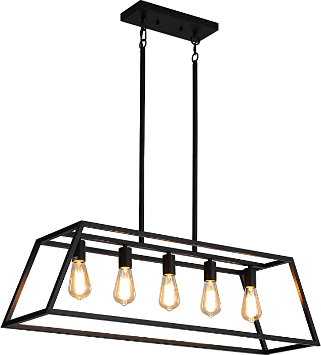 Black Kitchen Island Lighting, 5-Light Farmhouse Chandeliers, Modern Industrial Linear Rectangle Pendant Light Fixtures for Dining Room Kitchen Bar Foyer(Metal, E26 Base)