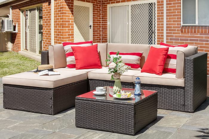 Vongrasig 5 Piece Patio Furniture Sets, All-Weather Brown PE Wicker Outdoor Couch Sectional Patio Set, Small Patio Conversation Set Garden Patio Sofa Set w/Ottoman, Glass Table, Red Pillow, Beige