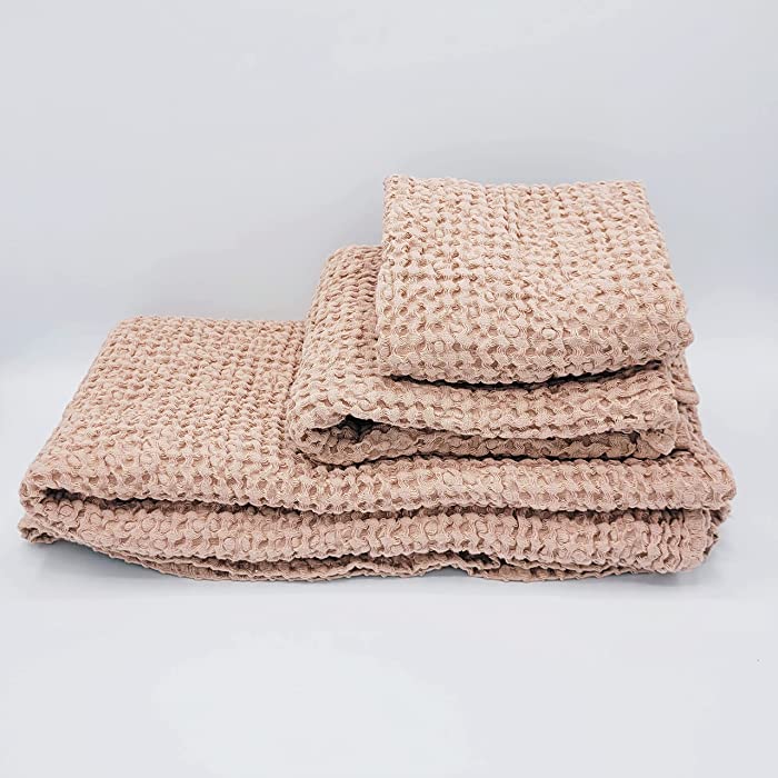 Waffle weave linen bath towel - quick dry bath towels sets - hand towels for bathroom (Pink beige)