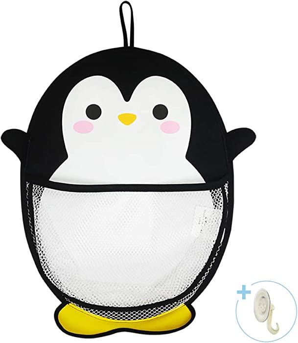 Spuddies Bath Toy Organizer Shower Caddy Cute Penguin Design - for Bathroom Baby Toy Storage Quick Dry Bathtub Mesh Net Baby Toy Holder with Suction Hooks