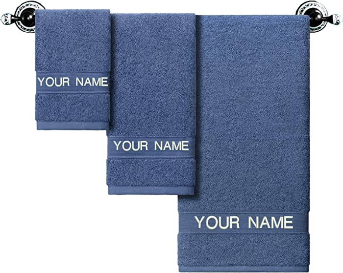 Custom Embroidered Towel Set of 3 , Monogrammed Washcloth & Hand Towel & Bath Towel , 100% Cotton Luxury Personalized Towel Sets for Personalized Gift Wedding Bathroom Spa (Blue - Set of 3)