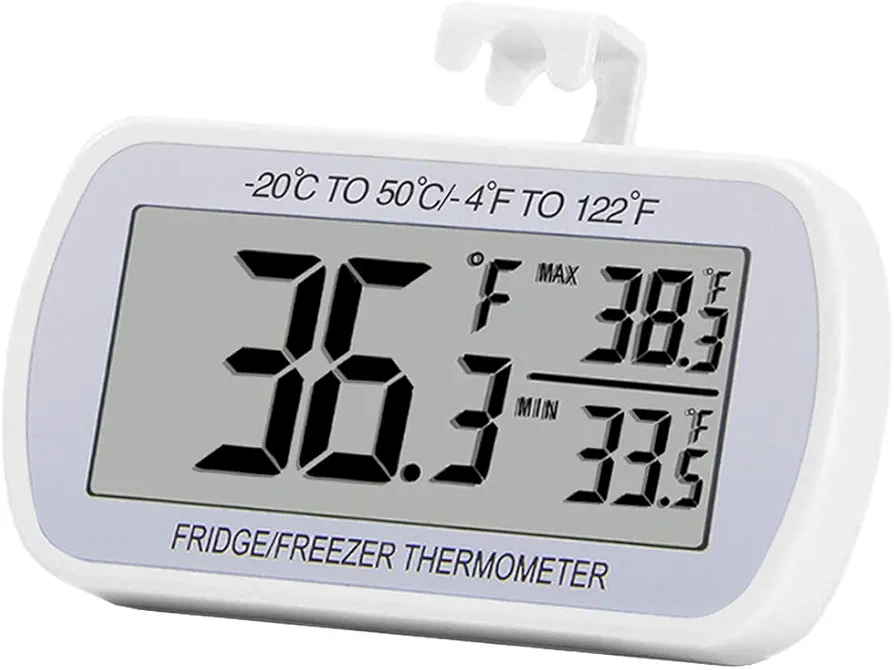 Refrigerator Thermometer Digital Fridge Freeze Room Thermometer Waterproof Large LCD Display Max/Min Record Function, White