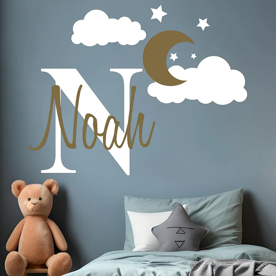 Custom Name & Initial Moon Clouds Stars - Baby Boy - Nursery Wall Decal for Baby Room Decorations - Mural Wall Decal Sticker for Home Children's Bedroom (Wide 32" x 24" Heigh)