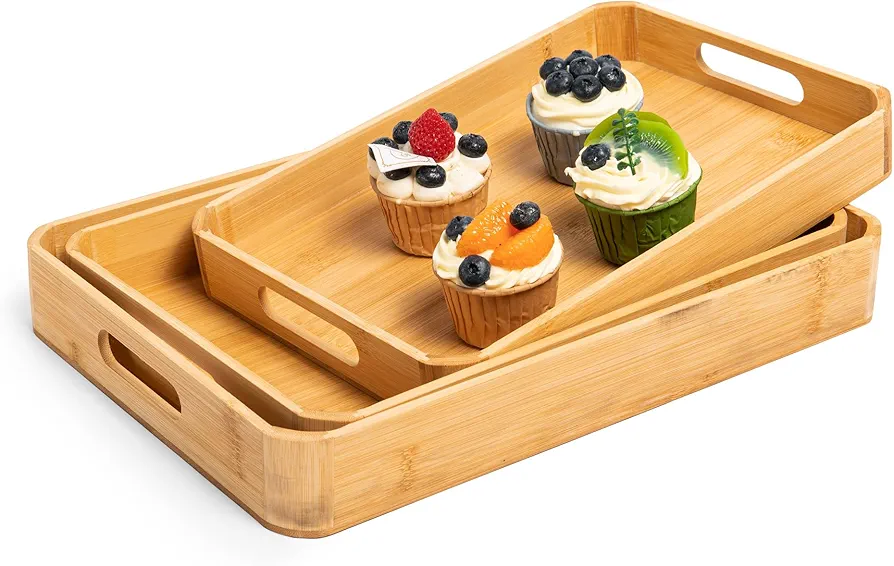 Defined Deco 3 Pack Bamboo Serving Tray with Handles for Food, Large Rectangular Wooden Breakfast Tray for Eating on Couch, Decorative Serving Platter Bed Trays for Bedroom, Kitchen, Living Room