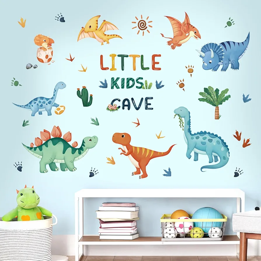 decalmile Watercolor Dinosaur Easter Wall Decals Dino Tropical Plants Wall Stickers Baby Boy Kid Bedroom Playroom Wall Decor