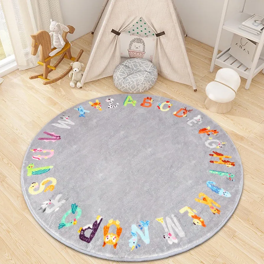 Round ABC Kids Rug,4 ft Animal Alphabet Playroom Rug,Washable Non-Slip Cute Nursery Rug for Kids Room,Educational Kids Play Rug Classroom Rug for Playroom Kids Room Bedroom Decor