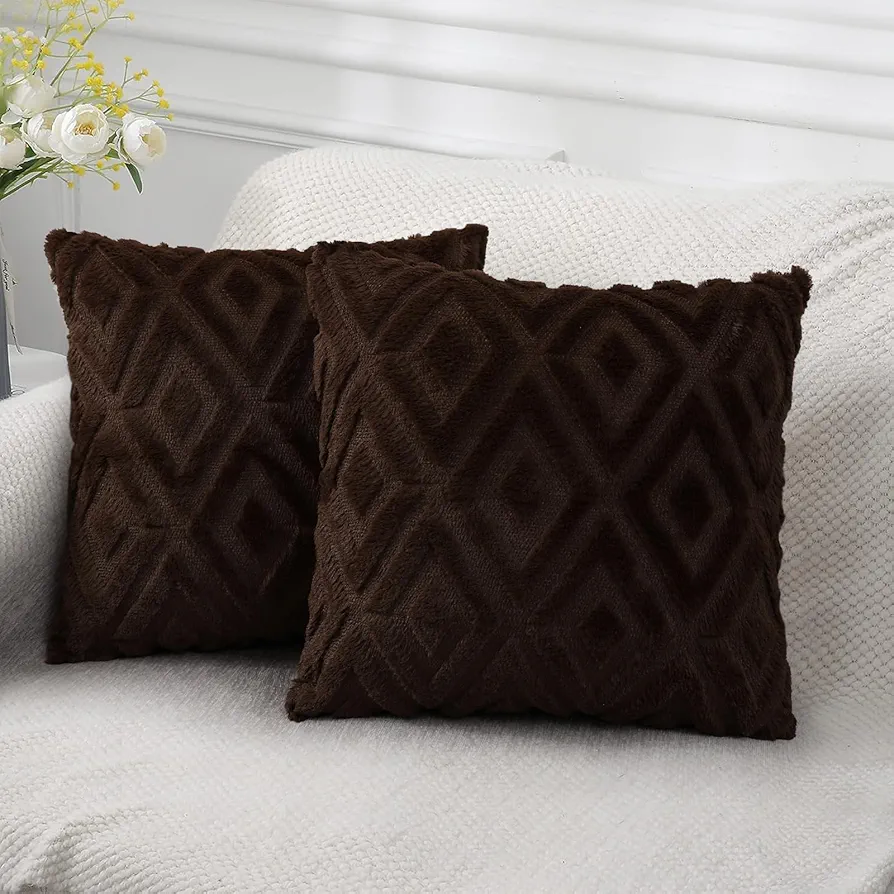 Soft Faux Fur Throw Pillow covers 18x18 - Plush Short Wool Velvet Decorative Pillow covers - Couch Sofa Pillow covers for Living Room - with 3D Diamond Pattern - Set of 2 - Brown