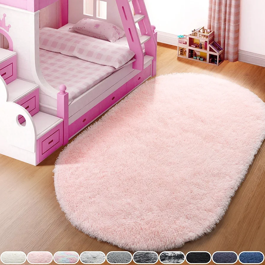 Pink Oval Rug Bedroom Decor, 3x5 Fluffy Shaggy Girls Baby Teen Small Bedroom Rug, Super Soft Kawaii Dorm Kids Room Rug, Anti Slip Nursery Alfombras Para Sala Carpet for Home Decor Aesthetic