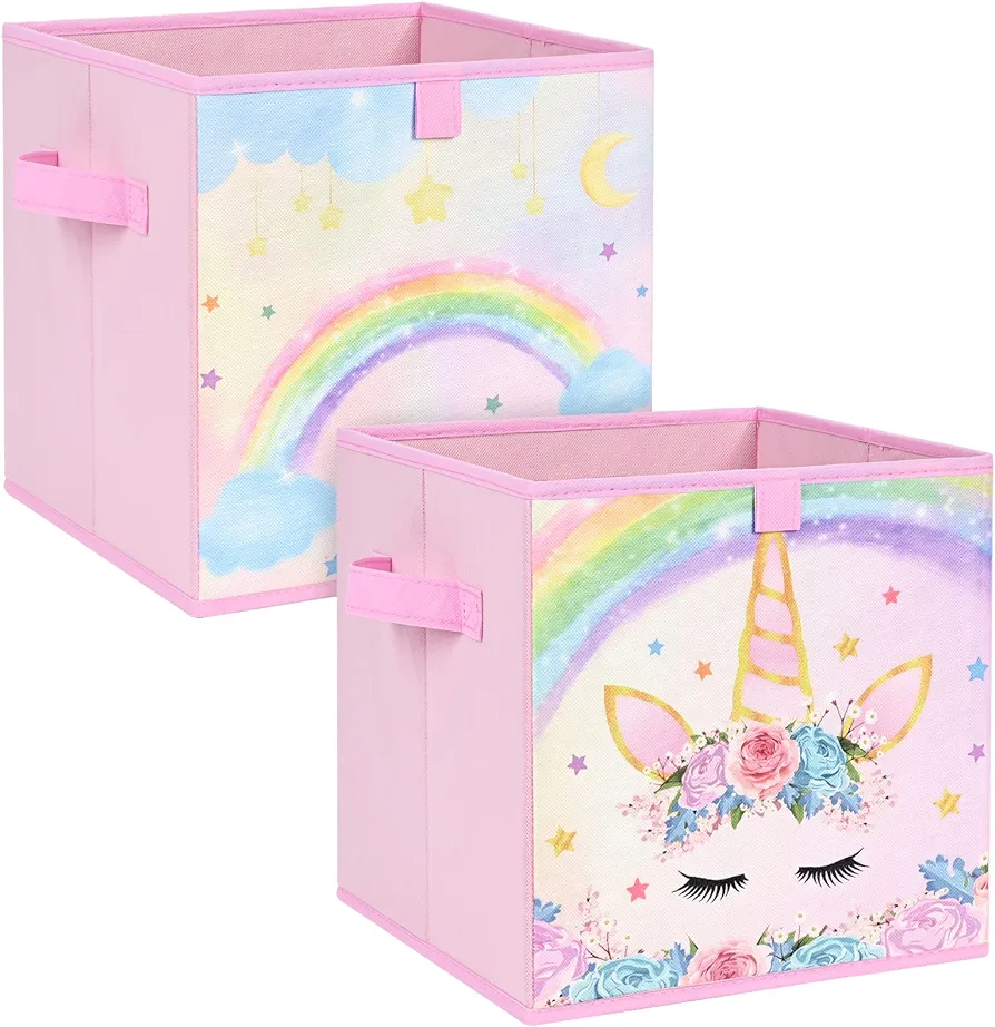 WERNNSAI Cube Storage Bins - 2 Pack Fabric Foldable Storage Cubes Organizer for Kids Decorative Storage Baskets with Handles 11" x 11" Home Closet Nursery Room Bedroom (Unicorn)