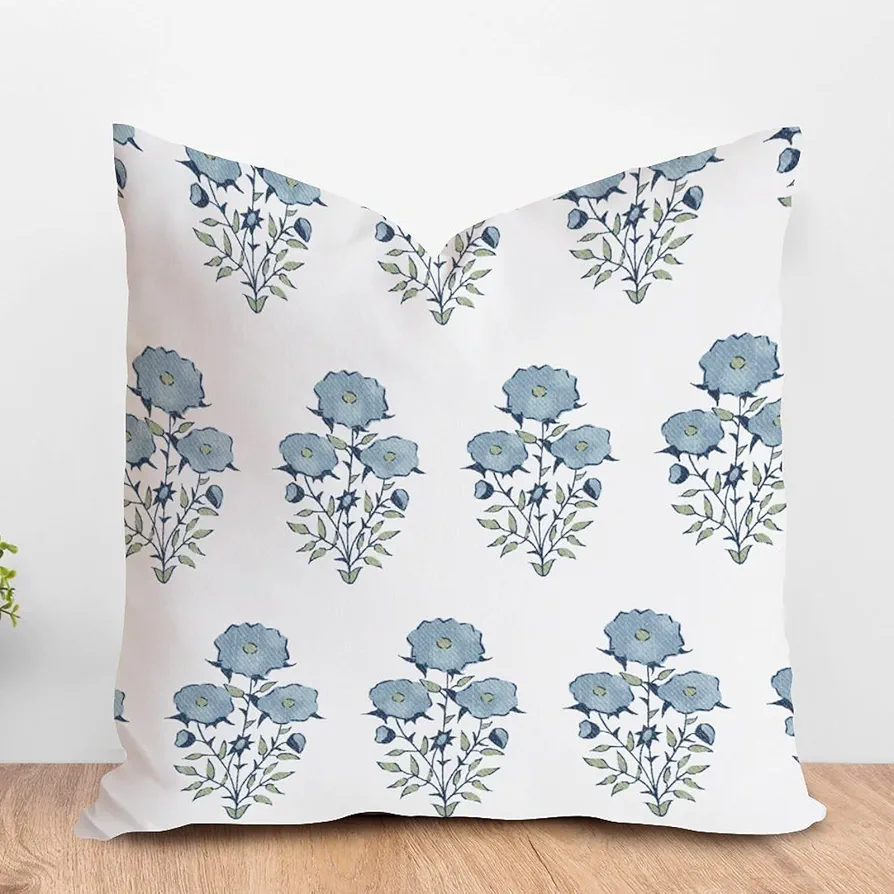 Chinoiserie Blue Floral Farmhouse Throw Pillows Blue Mughal Flower in Monsoon White Linen Cushion Covers Oriental Chinoiserie Toss Pillows with Zipper for Living Room Bedroom 22x22in