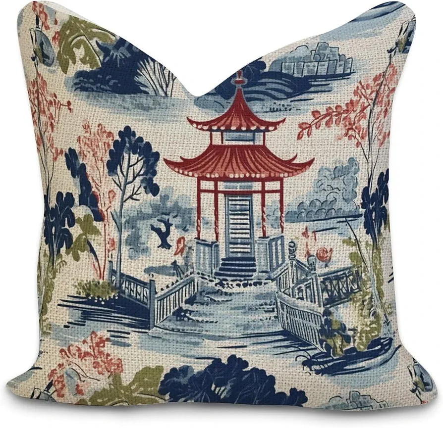 White Coral Navy Blue Asian Chinoiserie Pagoda Cushion Cover Cases with Zipper 24x24in Farmhouse Square Throw Pillow Cases for Living Room Bed Couch Sofa Chair Home Décor Housewarming Gifts