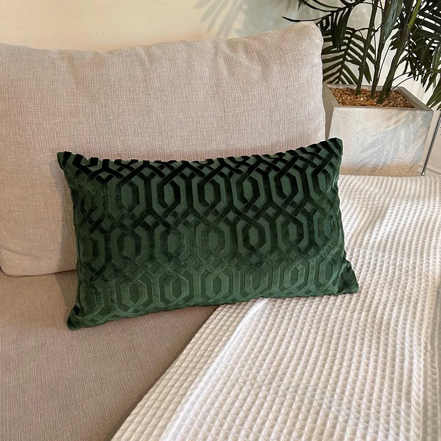 Throw Pillow Cover, 12" x 20" Modern Green Geometric, Embroidery Cut, Velvet Luxury Contemporary Pillow Cover, for Couch, Sofa, Living Room, Bedroom (Insert NOT Included)