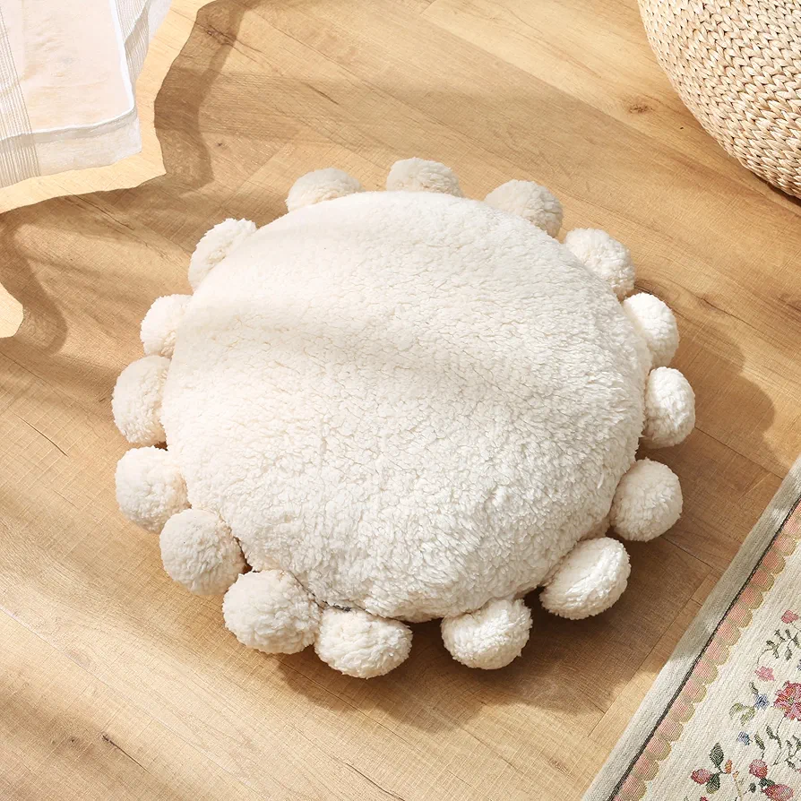 Round floor cushion Boho Decorative Throw Pillows with poms,Cute Floor Seating Plush Pillow for kids Reading Nook,Home Decor for Chair Sofa Bed Put in Living Room Indoor Outdoor