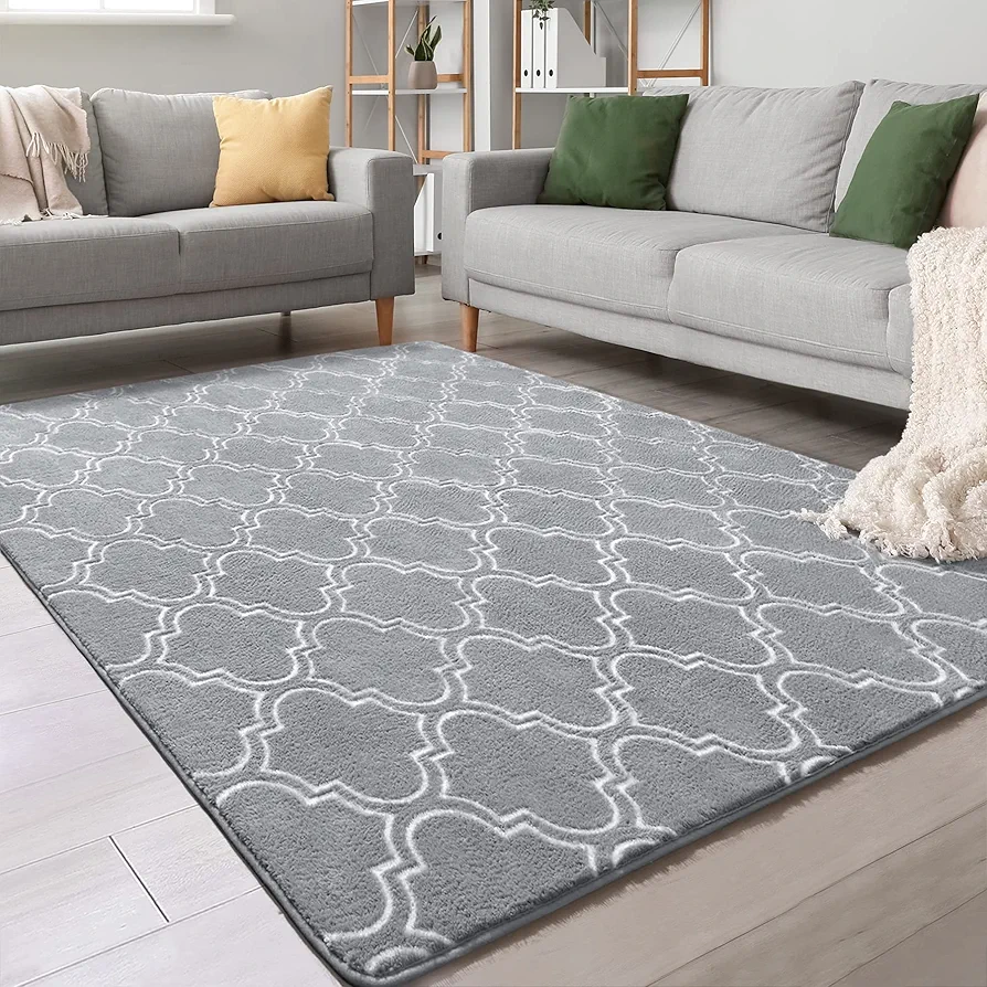 Chicrug Shag Geometric Modern Area Rug for Bedroom, 4x6 Feet Memory Foam Indoor Carpet, Fluffy Rug for Living Room Bedside Room Decor for Family Girls Kids Nursery Play Mat, Grey/White