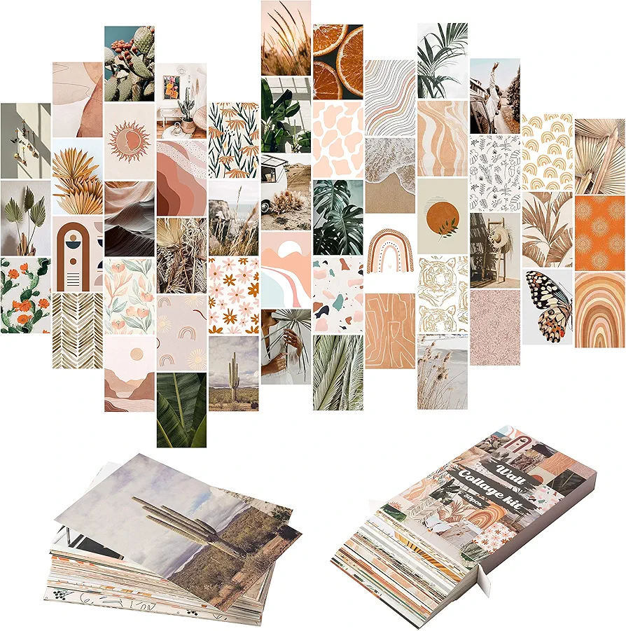 50PCS Boho Aesthetic Pictures Wall Collage Kit, Peach Teal Photo Collection Collage Dorm Decor for Girl Teens and Women, Orange Boho Wall Prints Kit, Small Posters for Room Bedroom Aesthetic