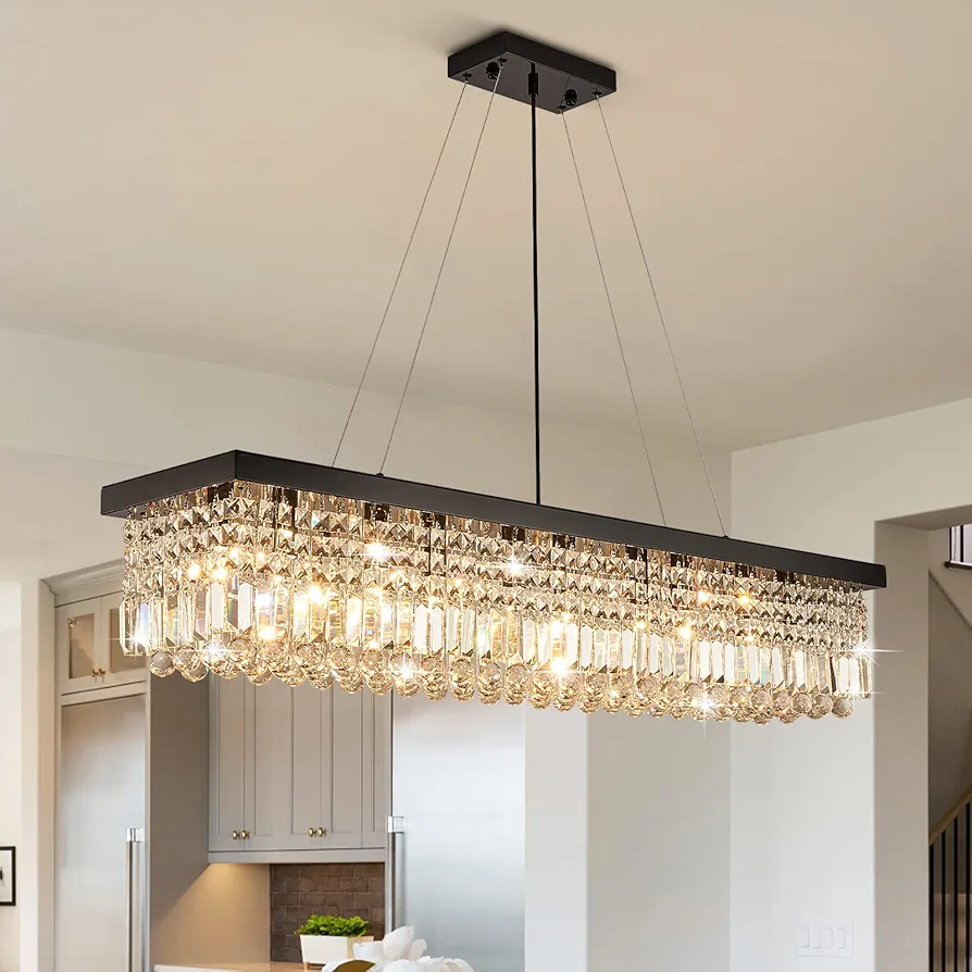 Rectangle K9 Crystal Chandelier Modern Rectangular Pendant Lighting Fixture for Dining Room Kitchen Island Bedroom Black L47'' x W10'' x H10''