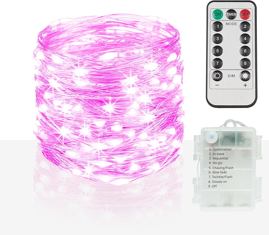 suddus Pink Fairy Lights Battery Operated Outdoor Waterproof, 33ft 100 Led String Lights with Remote, Twinkle Lights for Valentines Day, Bedroom, Dorm, Tapestry, Christmas, Party Decorations