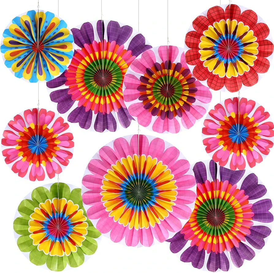 Outus 9 Pcs Spring Summer Flower Hanging Paper Fan Decoration Flower Paper Fan Classroom Decoration Springtime Bloom Colorful Ceiling Wall Spring Flower Supplies Classroom Decor(Spring Flower)