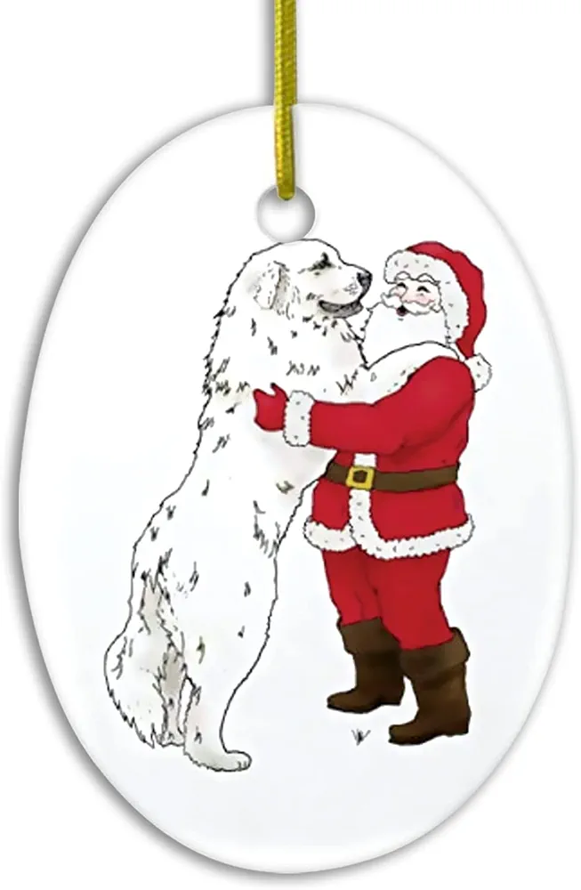 Great Pyrenees Santa Ceramic Christmas Ornament Oval Flat Tree Hanging Keepsake Xmas Decoration Exchange Souvenir Gift Made in USA