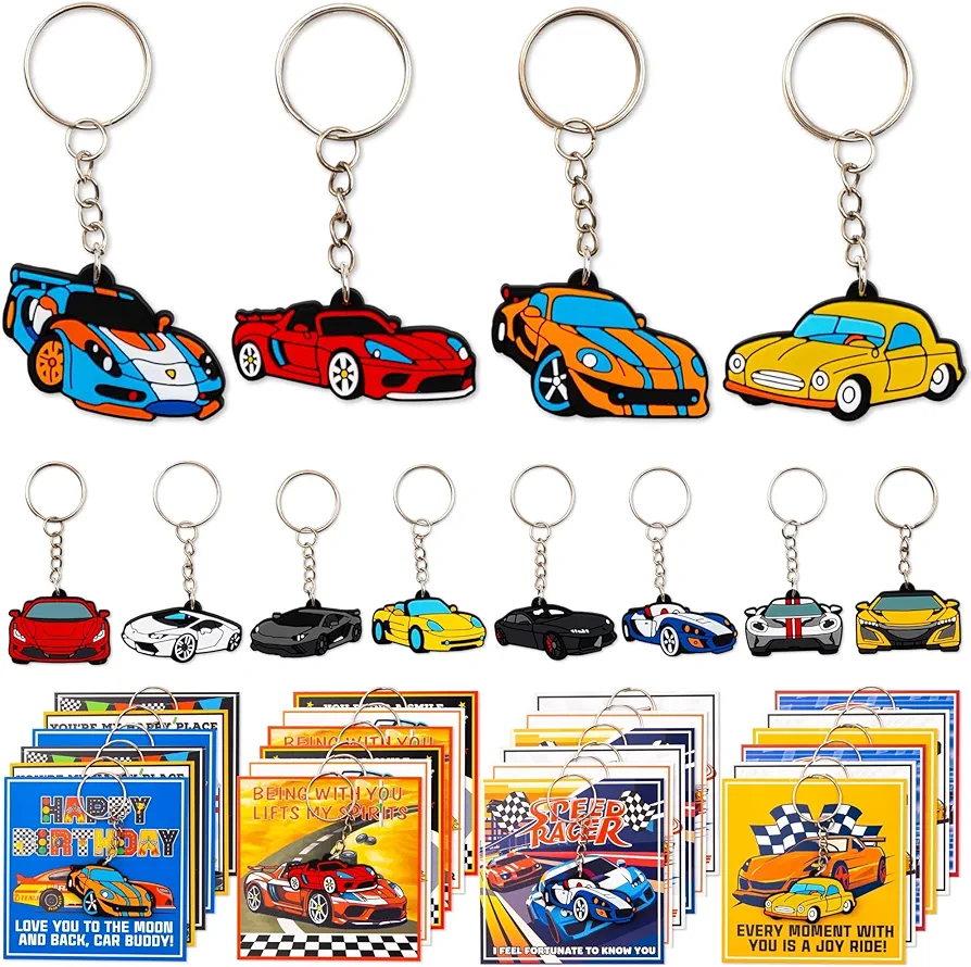 24PCS Race Car Keychain 24PCS Thank You Card Birthday Party Favors Gift Ideas for Boys Girls School Classroom Themed Party Favors Best For Fill Up the Goodie Bags Card with Keychain School Bag