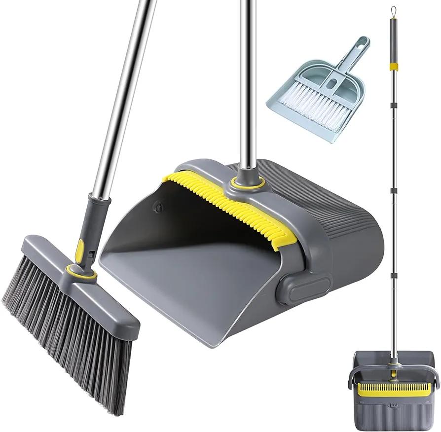 Broom and Dustpan Set with 54" Long Handle, Windproof Stand Up Dustpan with Broom Combo for Home Kitchen Room Office Lobby Floor Use… (Gray&Yellow-Upgrade Style2)