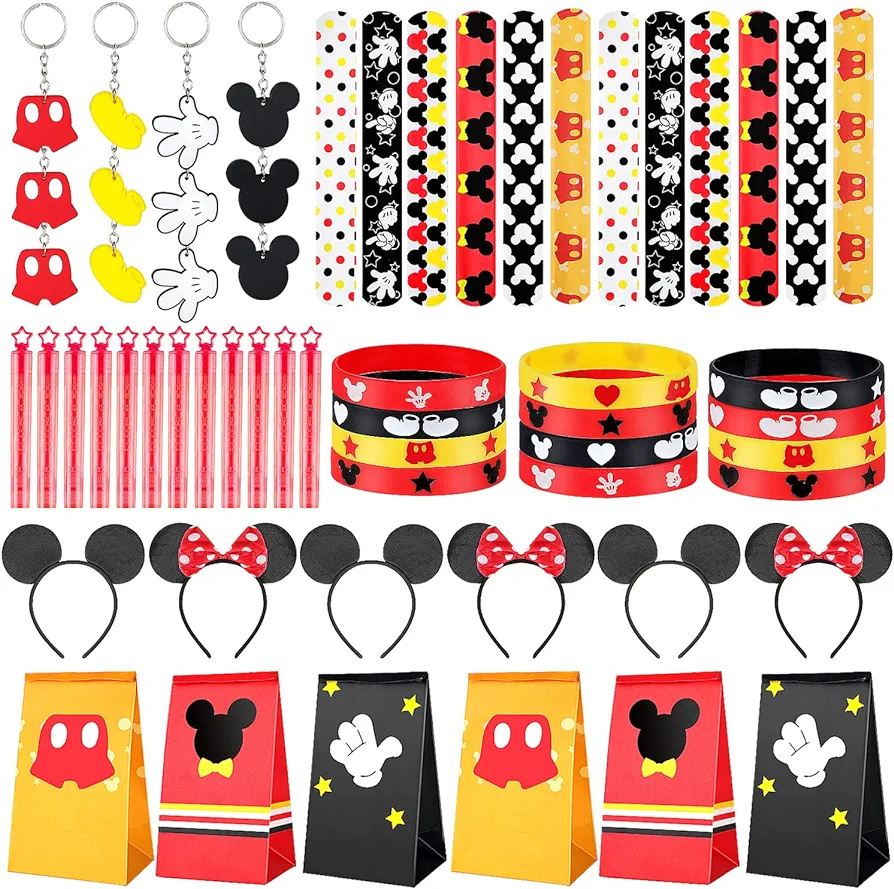 Erweicet Mouse Party Favors 72 PCS Cartoon Keychains Slap Bracelets Headbands Bubble Sticks Gift Bags for Kids Birthday Classroom Rewards