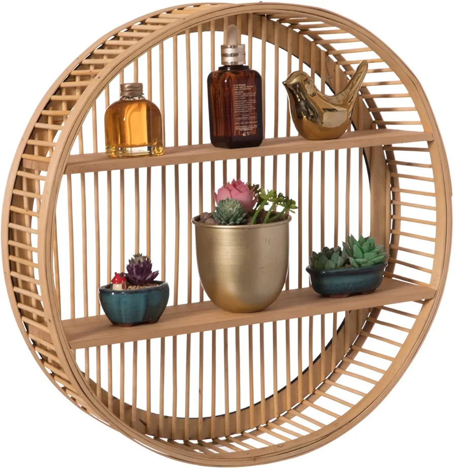 Vintiquewise Decorative Rattan Round Display Shelf with 2 Shelves for The Dining Room, Living Room, or Office.