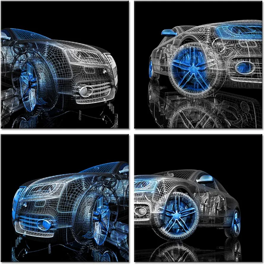 iHAPPYWALL 4 Pieces Modern Car Canvas Wall Art Black and Blue 3D Car Model Cool Picture Print for Bedroom Boys Room Home Decor Ready To Hang 12x12inchx4pcs