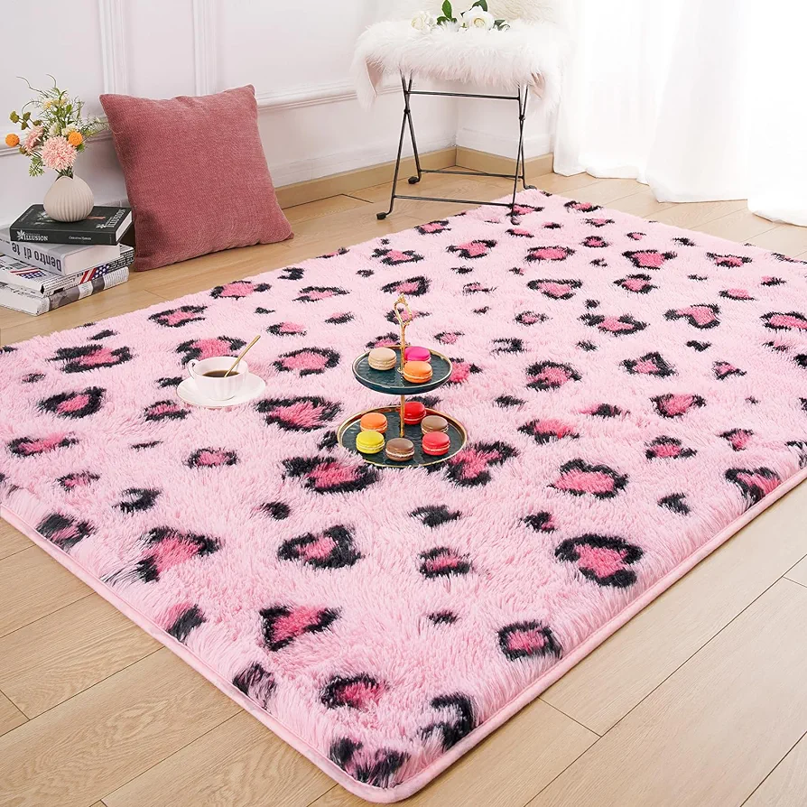 Amearea Fluffy Area Rug, Modern Shag Leopard Print Rugs Home Decor for Bedroom, Soft Comfy Faux Fur Cheetah Rugs for Teen Girls, Living Room, Plush Cheetah Print 70s Decor, Pink 4x6 Feet