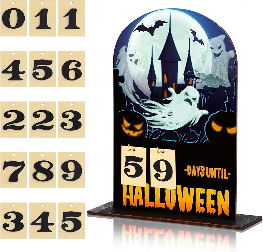 Halloween Advent Calendar Halloween Wooden Countdown Calendar Wooden Desk Blocks Calendar to Halloween for Kids Home Classroom Handmade Table Decorations Halloween Gifts (Ghost)