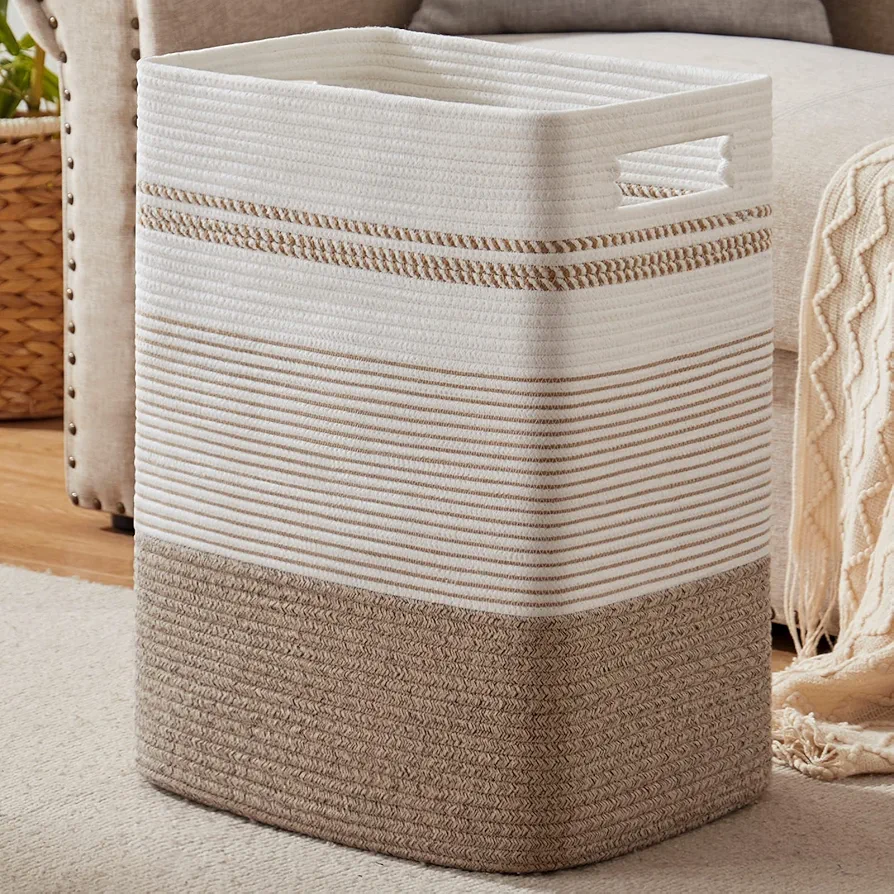 Laundry Hamper, Large Woven Rope Tall Laundry Basket with Handles, 22" X 17" X 13", Decorative Storage Basket for Clothes and Blankets in Living room, Bedroom, Brown Variegated