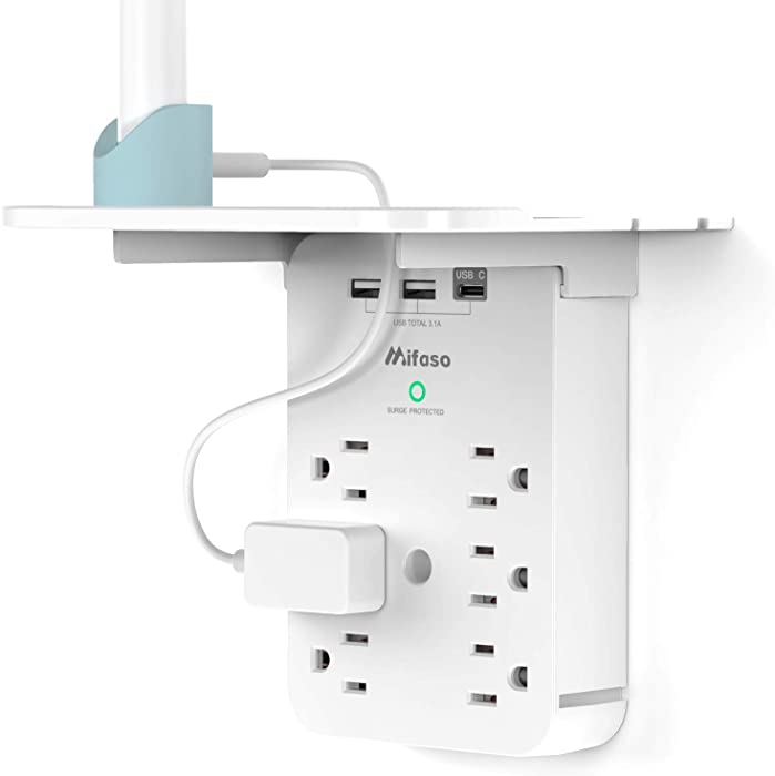 Wall Outlet Extender - Surge Protector 6 AC Outlets Multi Plug Outlet with Shelf, 2 USB and USB C Charging Ports Wall Plug Expander, USB Wall Charger Outlet Splitter for Home Dorm