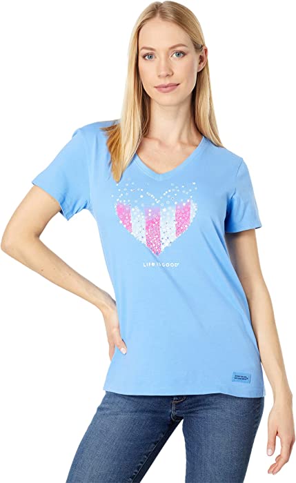 Life is Good. Women's Heart Stars and Stripes Crusher Vee, Cornflower Blue