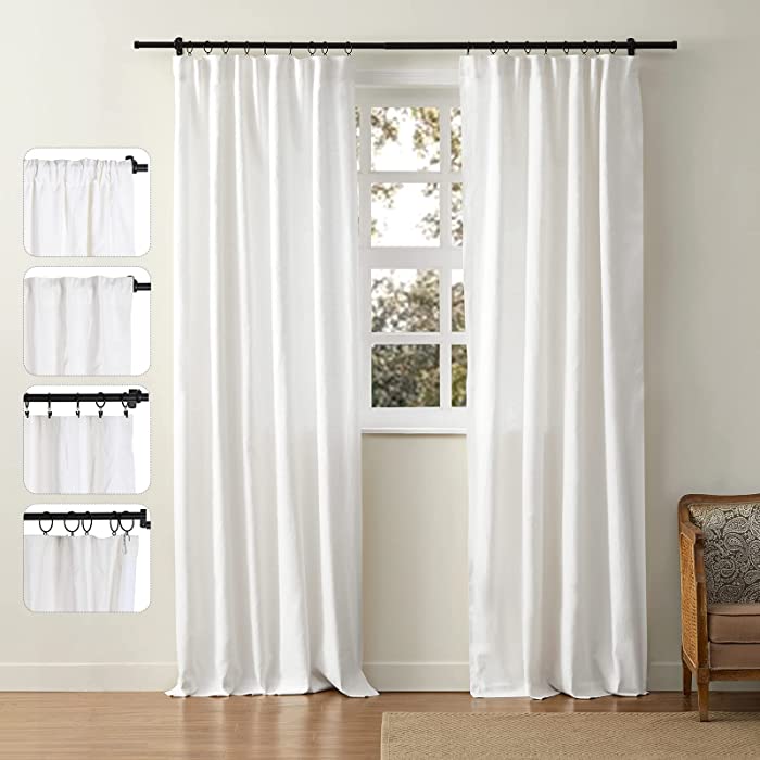 White Linen Drapery, ChadMade Room Darkening Drape, Versatile 4-in-1 Hanging Style, Hook Belt Rod Pocket Back Tab Flat Hook, Natural Linen Curtain, Off White, 50W x 96L, 1 Panel