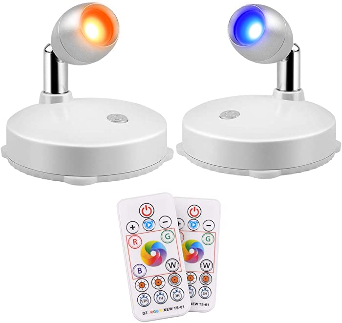 RGB LED Spotlight, Prosperbiz Battery Operated Accent Lights, Wireless LED Puck Light, Dimmable Uplight with Remote, Stick on Anywhere for Lighting up Painting Picture Artwork Closet, 2 Pack