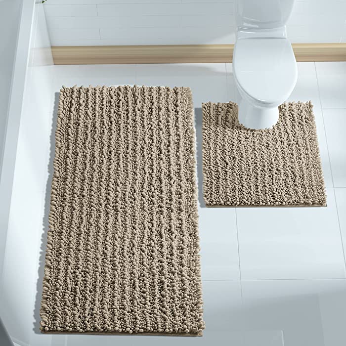 Yimobra Chenille Bathroom Rugs Sets 2 Piece, Fluffy Soft Thicken U-Shaped Toilet Rug, Non-Silp Bath Room Floor Mats, Machine Washable, Dry Quickly, Absorbs Water, 31.5x19.8+24.4x20.4 Inch, Camel