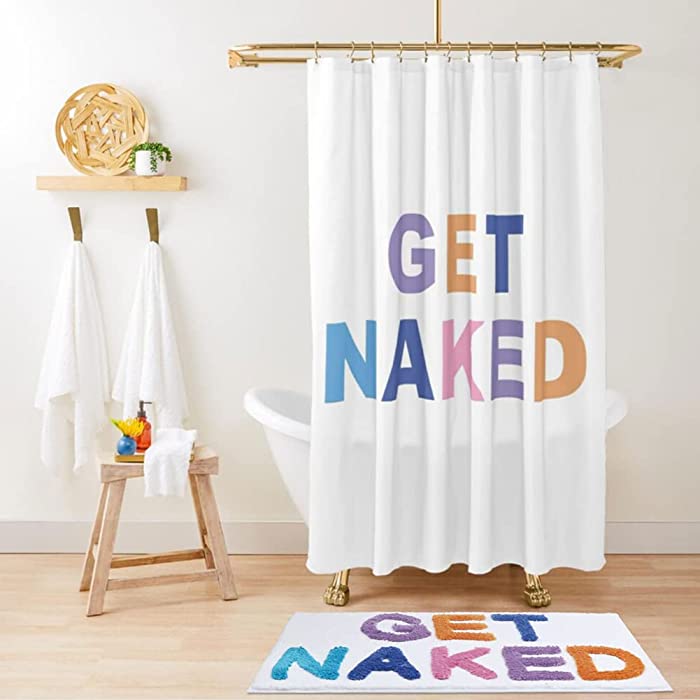 Get Naked Bath Mat and Shower Curtain Cute Funny Bathroom Decor Non Slip Bathroom Bat Get Naked Shower Curtain Set with 12 Hooks,72" x 72" Colorful