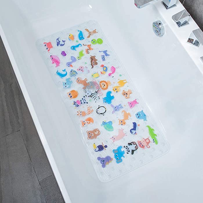 BeeHomee Cartoon Non Slip Bathtub Mat for Kids - 35x16 Inch XL Large Size Anti Slip Shower Mats for for Toddlers Children Baby Floor Tub Mats (Zoo)