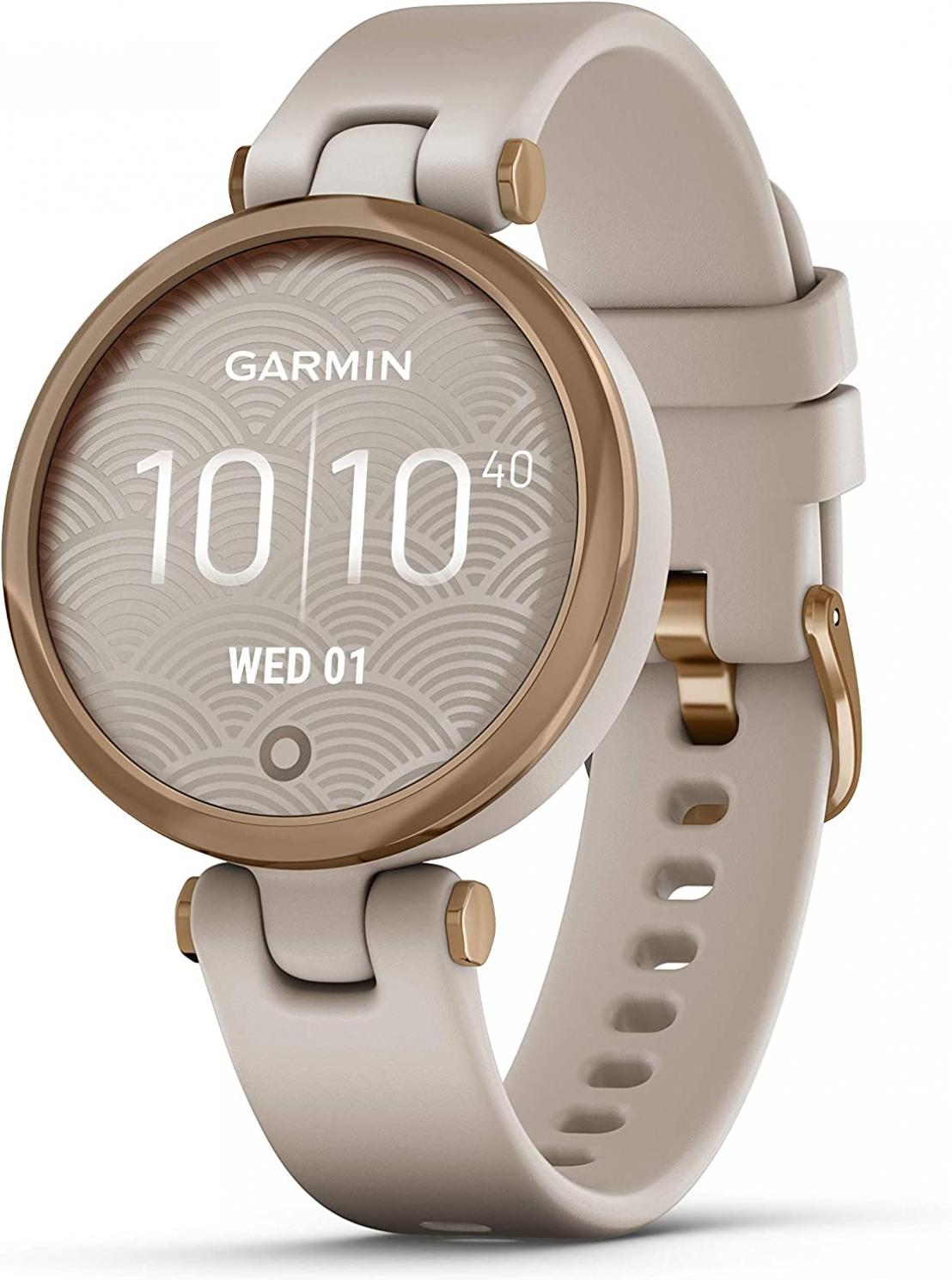 Garmin Lily™, Small GPS Smartwatch with Touchscreen and Patterned Lens, Rose Gold and Light Tan (Renewed)