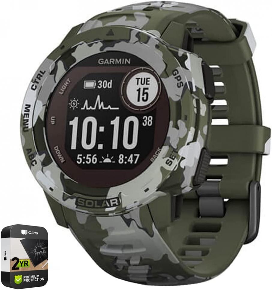 Garmin 010-02293-16 Instinct Solar Rugged Outdoor Watch Camo Edition Lichen Camo Bundle with Premium 2 YR CPS Enhanced Protection Pack