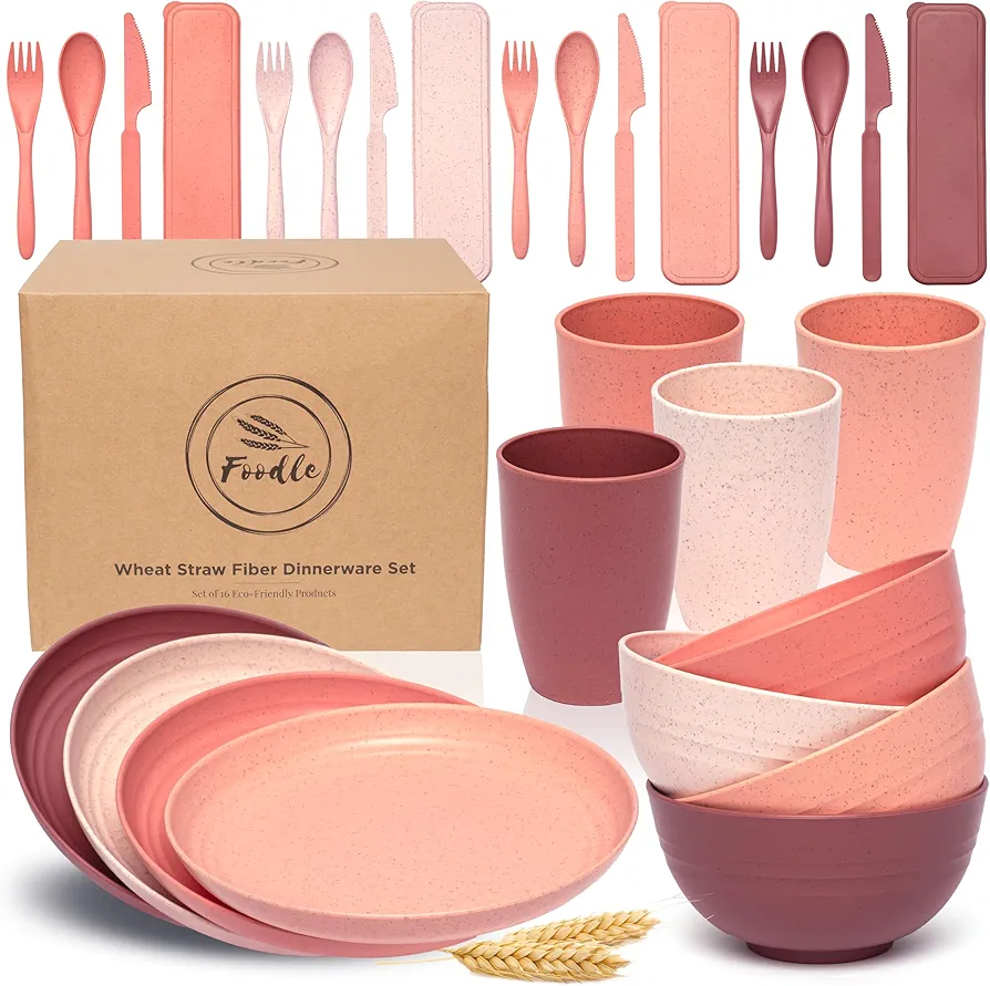 FOODLE Wheat Straw Dinnerware Sets for 4 - Lightweight & Unbreakable Dishes - Microwave & Dishwasher Safe - Toddler & Kids Plates and Bowls Sets - College Dorm Room Essentials for Girls