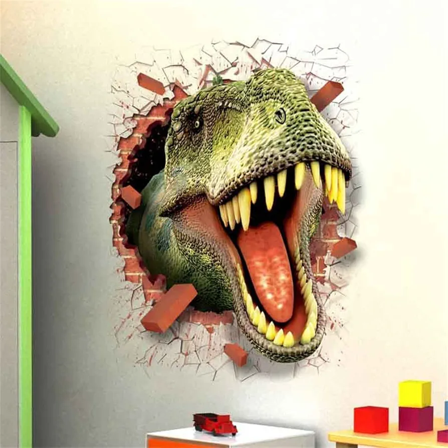 3D Dinosaur Wall Sticker Decal for Boys Room, Crack Hole Dinosaur Wall Art Decor for Boys Bedroom Baby Kids Nursery Room